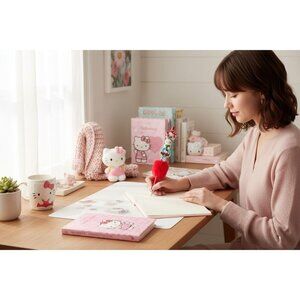 Hello Kitty Red Furry Pen With Decorative Charms & Iconic Designs For Writing Or